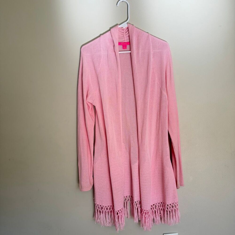 Lilly Pulitzer Tatum size Large open-front light pink cardigan fringe hem